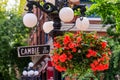 Cambie Street light and sign with flower basket in Gastown district of Vancouver in British Columbia Canada Royalty Free Stock Photo