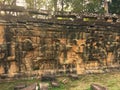 Cambodia Architecture. Bas-relief. Battle with elephants along the Terrace of Elephants. Wall Carving in Angkor Thom