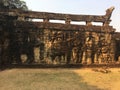 Cambodia Architecture. Bas-relief. Battle with elephants along the Terrace of Elephants. Wall Carving in Angkor Thom Royalty Free Stock Photo