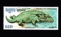 Cambodian postage stamp dedicated to Mastodonsaurus. dinosaur on postal stamp