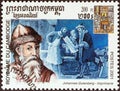 CAMBODIA - CIRCA 2001: A stamp printed in Cambodia from the `Millennium` issue shows Johannes Gutenberg, printers, circa 2001.