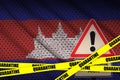 Cambodia flag and Covid-19 quarantine yellow tape. Coronavirus or 2019-nCov virus