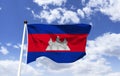 Cambodia Flag Mockup, fluttering under a blue sky