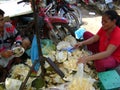 Cambodia food fruit market ladies selling jack fruit