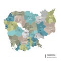 Cambodia higt detailed map with subdivisions. Administrative map of Cambodia with districts and cities name, colored by states and