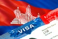 Cambodia immigration visa. Closeup Visa to Cambodia focusing on word VISA, 3D rendering. Travel or migration to Cambodia