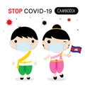 Cambodia People to Wear National Dress and Mask to Protect and Stop Covid-19. Coronavirus Cartoon Vector for Infographic.