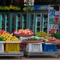 Fruit baskets on the counter, trading in a market in southeast Asia