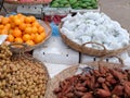 Large baskets with fruits, tropical fruits in the oriental bazaar