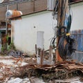 Cambodia, Siem Reap 12/08/2018 pile of construction debris dump near the power line pole