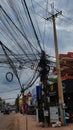 Power lines, urban communications chaos, twisted electrical wires