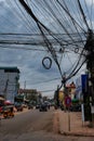 Power lines, urban communications chaos, twisted electrical wires