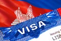 Cambodia Visa in passport. USA immigration Visa for Cambodia citizens focusing on word VISA. Travel Cambodia visa in national Royalty Free Stock Photo