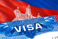 Cambodia Visa. Travel to Cambodia focusing on word VISA, 3D rendering. Cambodia immigrate concept with visa in passport. Cambodia Royalty Free Stock Photo
