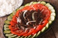 Cambodian beef Lok Lak with fresh vegetables and a side dish of Royalty Free Stock Photo