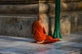 bodh gaya bihar india on april 29th 2018: cambodian monk praying at Mahabodhi temple complex in bodhgaya, India. the mahabodhi Vih