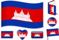 Cambodian flag wave, book, circle, pin, button, heart and sticker.