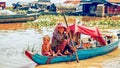 Cambodian people live on Tonle Sap Lake in Siem Reap, Cambodia. Mother with the children in the boat