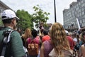 Cambridge MA, 30th june: Harvard Student Guides Group in Harvard Square from Cambridge downtown in Massachusettes State of USA Royalty Free Stock Photo