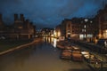 Cambridge UK January 2021 Night time view of the Cambs river flowing through the Cambridge city. Town empty at night as the Royalty Free Stock Photo