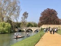 Cambridge, United Kingdom - April 21, 2019: Punters and Clare bridge crossing the river Cam Royalty Free Stock Photo
