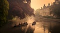 Cambridge, United kingdom - Boats floating in a row and people enjoying punting on river during autumn sunset at