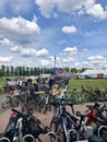 Cambridge, United Kingdom - June 9, 2019: Bikes parked in Parker's Piece Park