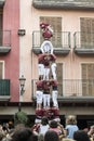 CAMBRILS, AUGUST 2: Castellers group Xiquets de Cambrils in a human tower in the local festivity on August 1, 2018 in Cambrils.