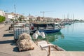 Cambrils Spain-August 8 2013. Boats and fishing nets and tackle lie in wait for fishing. Small business Europe. Tourist places of Royalty Free Stock Photo