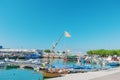 Cambrils Spain-August 8 2013. Boats and fishing nets and tackle lie in wait for fishing. Small business Europe. Tourist places of Royalty Free Stock Photo