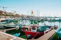 Cambrils Spain-August 8 2013. Boats and fishing nets and tackle lie in wait for fishing. Small business Europe. Tourist places of Royalty Free Stock Photo