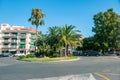 Cambrils Spain 8 August 13 year. City street with beautiful large palm trees on a Sunny summer day