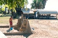 Cambrils Spain 8 August 13 year. A man builds a sand castle. The main attraction of Cambrils is 9 km of sandy beach