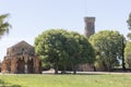 Cambrils, Spain, May 1, 2020 - Stone pavilion Botanical Garden Park Sama