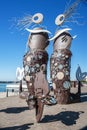 Cambrils, Spain 06 12 2018: the monument to the fallen sailors is located on the beach, in the port of Cambrils. Monument to the