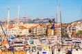 CAMBRILS, SPAIN - SEPTEMBER 16, 2017: View of port and museu d`Hist`ria de Cambrils - Torre del Port. Close-up Royalty Free Stock Photo