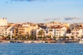 CAMBRILS, SPAIN - SEPTEMBER 16, 2017: View of port and museu d`Hist`ria de Cambrils - Torre del Port. Copy space for text. Royalty Free Stock Photo