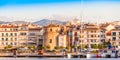 CAMBRILS, SPAIN - SEPTEMBER 16, 2017: View of port and museu d`Hist`ria de Cambrils - Torre del Port. Copy space for text. Royalty Free Stock Photo