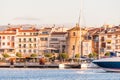 CAMBRILS, SPAIN - SEPTEMBER 16, 2017: View of port and museu d`Hist`ria de Cambrils - Torre del Port. Copy space for text Royalty Free Stock Photo