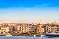 CAMBRILS, SPAIN - SEPTEMBER 16, 2017: View of port and museu d`Hist`ria de Cambrils - Torre del Port. Copy space for text