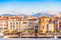 CAMBRILS, SPAIN - SEPTEMBER 16, 2017: View of port and museu d`Hist`ria de Cambrils - Torre del Port. Copy space for text Royalty Free Stock Photo