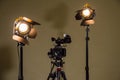 Camcorder and the two spotlights with Fresnel lenses Royalty Free Stock Photo