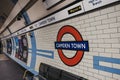 Camden Town underground station roundel sign on the platform of Camden Town station, London, UK Royalty Free Stock Photo