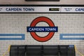 Camden Town underground station roundel sign on the platform of Camden Town station, London, UK Royalty Free Stock Photo