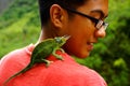 Horned lizard pet on shoulder of boy