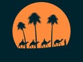 Camel caravan against sunset. Palm trees on the background of the sun. Vector Royalty Free Stock Photo