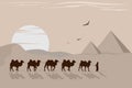 Camel caravan, desert landscape with pyramids, sunset, sunrise.