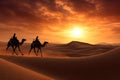 Camel caravan in the desert at sunset. 3d illustration, Camel caravan on sand dunes on Arabian desert with Dubai skyline at sunset Royalty Free Stock Photo