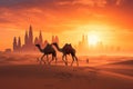 Camel caravan in the desert at sunset, 3d render illustration, Camel caravan on sand dunes in the Arabian desert with the Dubai Royalty Free Stock Photo