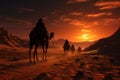 Camel caravan in the desert at sunset. Travel Concept. Background with a copy space. Royalty Free Stock Photo